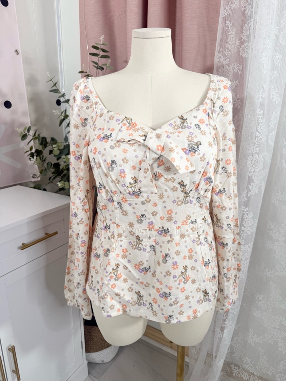 Disney Bambi Floral Bow Front Peasant Blouse - Cream Bin#6